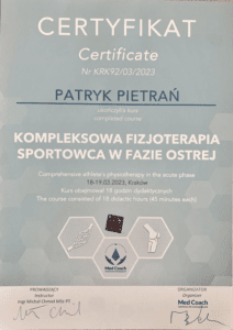 Certyfikat Patryka umożliwiający mu fizjoterapie i rehabilitację sportowa w fazie ostrej